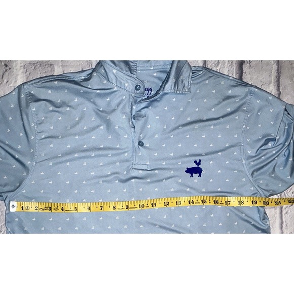 Mens HAM AND EGG‎ Golf Golfing Blue Polo Shirt Pig & Chicken Print Sz Small - Picture 8 of 9